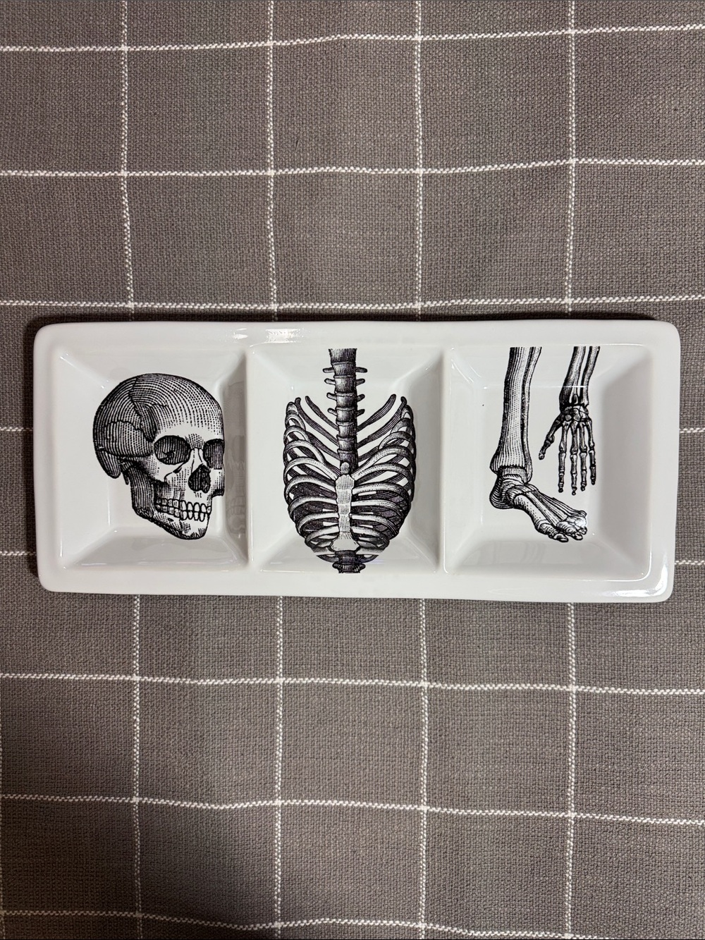 222 Fifth White Porcelain 3-Section Skeleton Appetizer Tray - Happy Halloween!